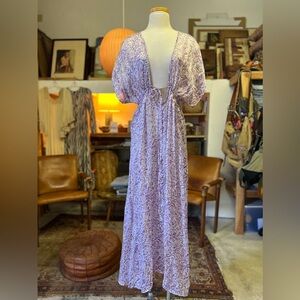Indah 100% Silk Paper Thin Ethereal Bohemian Printed Maxi Dress Empire Waist L